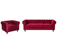 Living Room Set 4 Seater CHESTERFIELD Velvet Dark Red