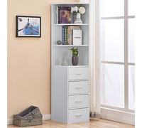 Living Room Slim Bookcase Cabinet, White Corner Bookshelf with 4 Drawers and 3 Shelves, Wooden Tallboy Storage Display for Bathroom Bedroom, 150cm Narrow Cupboard Sideboard for Small Apartment