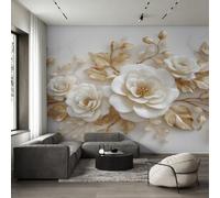 Living Room Wallpaper for Bedroom, Relief Flower Wallpaper | White Floral Gold Leaf Wall Mural, Home Decor, Photo Wall Paper, 300 x 210 cm Z&V-