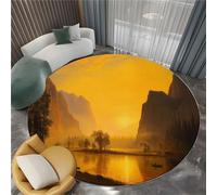 Living Room Yellow Round Rug 100 cm, Quality Exquisite Sunset Rocks Animals Printed Flannel Carpet with Durable Edge Binding and a Non-Slip Underside - Super Soft Short Pile Rug