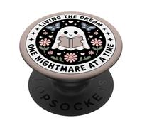 Living The Dream Book Lover Cute Ghost Reading Bookish Brown PopSockets Adhesive PopGrip