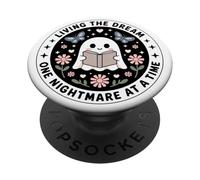 Living The Dream Book Lover Cute Ghost Reading Bookish White PopSockets Adhesive PopGrip