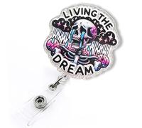 Living The Dream Funny Skeleton Badge Reel, Personalized Skull Badge Reel for Nurse Nursing RN CMA CNA LPN Medical Worker & Teacher, Radiology Xray Tech Badge Gifts, Halloween Badge ID Holder for Work
