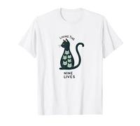 Living The Nine Lives: Whimsical Cat Lover Art T-Shirt, Men, White, 6XL