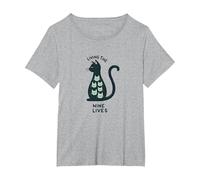 Living The Nine Lives: Whimsical Cat Lover Art T-Shirt, Women's Plus, Heather Grey, 1X