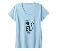 Living The Nine Lives: Whimsical Cat Lover Art V-Neck T-Shirt, Women, Baby Blue, L