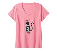 Living The Nine Lives: Whimsical Cat Lover Art V-Neck T-Shirt, Women, Pink, XXL