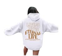 Living Water Eternal Life Printed Christian Hoodies for Women UK Casual Oversized Long Sleeve Pullover Drawstring Hooded Sweatshirts Y2k Tops with Pockets Pink Puff Hoodie,A01 White,XL