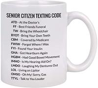 Livinges Ceramic Coffee Mug, 11 oz, Funny Senior Citizen Texting Code, 65th Birthday Gift