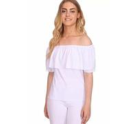 Livingly® Ladies Off The Shoulder Short Sleeve Shirt Ruffle Frill Bardot Blouse Top Womens Strapless Casual Loose Blouse Tops Summer Shirts (White, L)