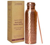 LIVINGNISH 100% Pure Copper Water Bottle for Drinking -Extra Large 34 Oz Wide Mouth, Hammered Ayurvedic Copper Water Bottle with Straw - Handcrafted Leak-Proof Vessel, Reusable & BPA-Free