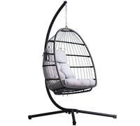 Livingshire Foldable Hanging Egg Chair | Rattan Weave Egg Garden Chair with Stand | Hanging Swing Chair for Garden, Patio, Outdoor, and Indoor (Grey)