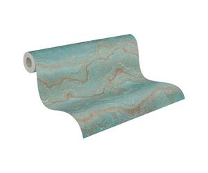 Livingwalls 396591 Wallpaper with Marble Look Design Marble in Blue, Petrol, Bronze - Wall Wallpaper with Gloss Effect in Gold, Copper - 10.05 m x 0.53 m - Made in Germany