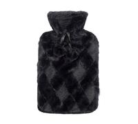 LIVIVO 2L Hot Water Bottle with Decorative Pom-Poms Style Microfiber Fleece/Knitted/Faux, Soft Removable and Washable Lattice Weave Cover - Quick Heat and Comforting Pain Relief (Black)