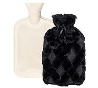 LIVIVO 2L Hot Water Bottle with Decorative Pom-Poms Style Microfiber Fleece/Knitted/Faux, Soft Removable and Washable Lattice Weave Cover - Quick Heat and Comforting Pain Relief (Black)
