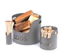 LIVIVO 3 Piece Fireplace Log Bucket Set - Fireside Wood Metal Storage Basket Scuttle for Logs, Coals, Kindling and Accessories (Grey)