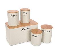 LIVIVO 5pc Kitchen Storage Set - White Bread Bin with Tea, Coffee, Sugar Canisters & Biscuit Tin - Airtight Bamboo Lids - Embossed Bread Box & Jars for Kitchen Storage & Organisation