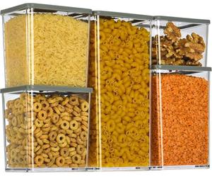 LIVIVO 5pc Stacking Food Storage Containers Set - Airtight Plastic Kitchen Pantry Organizer with Grey Lids - Space Saving Tubs for Cereal, Pasta, Rice, Flour, Snacks, Dry Food