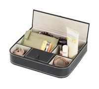 LIVIVO Deluxe 6 Compartment Valet Organiser Tray - Premium Quality Black Textured Leather Effect Table Desktop Dresser Wallet Office Jewellery Storage Box with Faux Suede Lining Hinged Lid