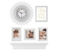 LIVIVO 6 Pack Multi Picture Frames Collage Wooden Photo Frame Wall Art Gallery Kit With Sunburst Clock Family Plaque & Shelf Rack for Home Office Décor Decoration