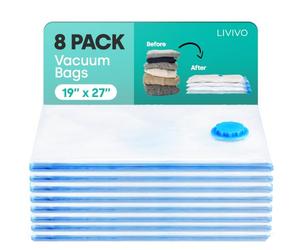 LIVIVO 8 Pack Vacuum Storage Bags - Medium Vacuum Bags for Travel Storage - Vacuum Pack Bags for Clothes, Storage, Travel, Bedding, Duvets & Pillows - Airtight, Waterproof Compression Pouches (Blue)