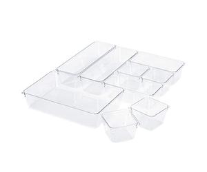 LIVIVO 9pc Drawer Desk Organiser Set - Clear Plastic Storage Trays for Makeup, Stationery, Utensils, Tools - Multi-Size Box Dividers for Kitchen, Office, Garage, Bedroom, Bathroom (Clear)