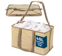 LIVIVO Collapsible Laundry Basket with Detachable Carrying Strap, 45L Beige | Fabric Laundry Storage Basket, Foldable Hamper with Front Pocket & Handles for Laundry, Bedrooms, Bathrooms, Launderettes