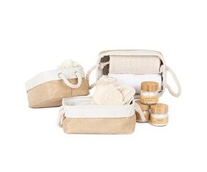 LIVIVO Decorative Canvas Storage Boxes - Foldable Fabric Storage Basket with Cotton Rope Handles - Baskets Bedroom Organiser For Toys Clothes Towels Shelves Books (Natural, Set of 3)