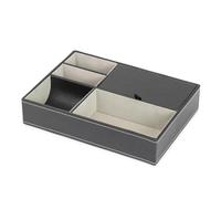 LIVIVO Deluxe 5 Compartment Valet Organiser Tray - Black Textured Leather Faux Suede Lined Mens Jewellery Storage Box with Hinged Lid - Ideal Valentines Gift for Him (Grey)