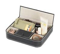 LIVIVO Deluxe 6 Compartment Valet Organiser Tray - Premium Quality Black Textured Leather Effect Table Desktop Dresser Wallet Office Jewellery Storage Box with Faux Suede Lining Hinged Lid