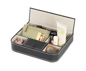 LIVIVO Deluxe 6 Compartment Valet Organiser Tray - Premium Quality Black Textured Leather Effect Table Desktop Dresser Wallet Office Jewellery Storage Box with Faux Suede Lining Hinged Lid