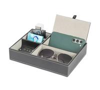 LIVIVO Deluxe 5 Compartment Valet Organiser Tray - Black Textured Leather Faux Suede Lined Mens Jewellery Storage Box with Hinged Lid - Ideal Valentines Gift for Him (Black)