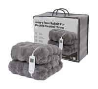 LIVIVO Faux Rabbit Fur Heated Throw - Grey Electric Blanket 160x130cm - 10 Heat Settings, Auto Shut Off, Overheat Protection, Ultra Soft Plush, Machine Washable Winter Blanket