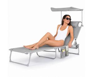 Livivo Folding Chair Sun Lounger With Canopy Sunshade, Grey