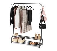 LIVIVO Freestanding Clothes Rail Garment Rack - Heavy Duty Black Metal Clothing Hanger with 2-Tier Shoe Shelf & Hooks - Matte Finish Drying Rack for Bedroom, Hallway, Laundry or Retail Use