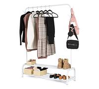 LIVIVO Freestanding Clothes Rail Garment Rack - Heavy Duty Metal Clothing Hanger with 2 Tier Shoe Shelf & Side Hooks - Portable Matte Finish Drying Rack for Bedroom, Laundry & Retail (White)