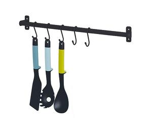 LIVIVO Hanging Rail for Storage Kitchen Hallway Holder Shelf Dish Drain Plates Bowl Utensil Cutlery Knives Pots Paper Towel Coats Jackets Clothes with 5 'S' Hooks (Single Rail 50cm, Black)