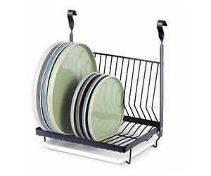 LIVIVO Hanging Storage Dish Rack with Drain for Kitchen Rail Shelf Tray Plates Bowl Tumbler Glasses Utensil Cutlery Knives Pots Paper Towel (Dish Rack, Black)