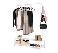 LIVIVO Freestanding Clothes Rail Garment Rack - Heavy Duty Metal Clothing Hanger with 2 Tier Shoe Shelf & Side Hooks - Portable Matte Finish Drying Rack for Bedroom, Laundry & Retail (White)
