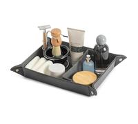 LIVIVO Leather Valet Tray Organiser - Foldable Black PU Leather with Removable Divider - Desk Tray & Bedside Table Organizer, Catch All for Wallet, Keys, Coins, Watch - Christmas Stuffers for Dad