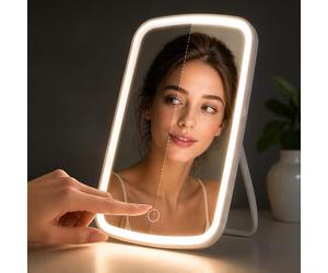 LIVIVO LED Makeup Mirror with Lights - USB-C Rechargeable Cosmetic Mirror | 3 Light Mode & Adjustable Angle Freestanding Light Up Mirror for Dressing Table, Vanity, Travel, Portable Desk Mirror - White