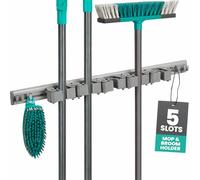 LIVIVO Mop and Broom Holder Wall Mounted - Heavy Duty Mop Holder with 5 Grippers and 6 Hooks for Bathroom, Kitchen, Garage, Garden, Tool Holder Organizer - Utility Room Brush and Broom Gripper - Grey