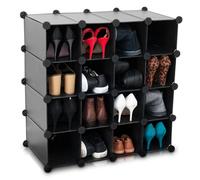 Livivo Multi-Purpose 16-Section Interlocking Cube Shoe Rack Organiser With Back Panels - Black