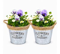 Livivo Rustic Zinc Plant Pots Set Of 2 With Hessian Rope Handles 16Cm