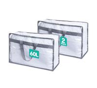 LIVIVO Set of 2 60L Clear PVC Storage Bags - Zip-Up Underbed Storage Boxes for Duvets, Bedding, Clothes, Blankets, Towels & Toys, Foldable Organisers for Wardrobe