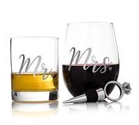 LIVIVO Set of 2 His and Hers Whisky and Wine Glass Set - Fun Novelty Drink Glasses - Full Colour Box for Valentine Gifting, Perfect Whiskey and Wine Pair with Bonus Stopper