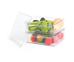 LIVIVO Set Of 2 Refrigerator Storage Organiser Multipurpose Clear Containers Stackable Perfect For Fridge Kitchen Countertop Cupboard Bathroom Makeup Cosmetics Under Sink Home (XL-30x30.5x10cm)