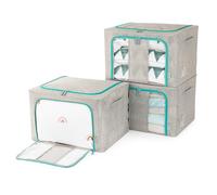 LIVIVO Set of 3 Foldable Fabric Storage Boxes with Steel Frame, 66L Capacity, Grey with Green Zip, Clear Windows, Label Holders, Ideal for Underbed and Wardrobe Organisation