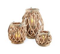 (NATURAL) LIVIVO 3Pcs Wicker Willow Candle Lantern Rope Basket Rustic Weave Natural Grey Hanging