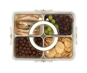 LIVIVO Snack Box with Compartments - 4 Removable Trays, Portable Snack Tray with Lid, Handle, Snap Locks - Silicone Seal, BPA Free - Ideal for Fruit, Snacks, Nuts, Spices, Picnics & Parties